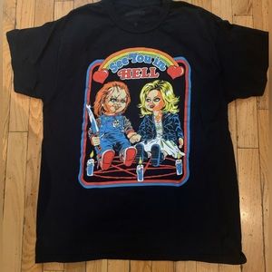 Child’s Play. Chucky and Tiffany See you in Hell T-Shirt. Large.